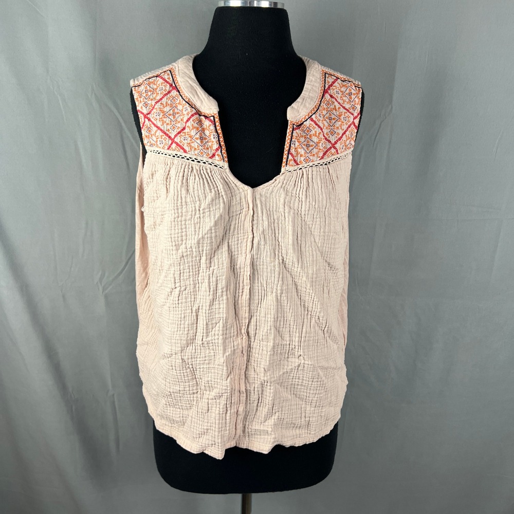 Knox Rose Sleeveless Tank Top Womens Large Pink Crinkle Gauze Embroidered Boho